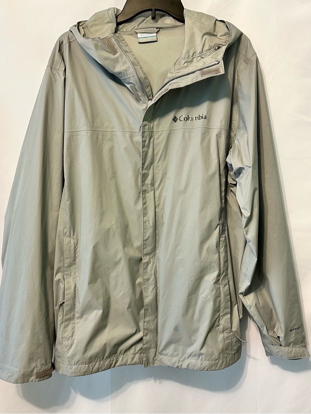 Columbia Rain Coat Gray Mens Size Large Zip Hook & Loop Hood Mesh Lined